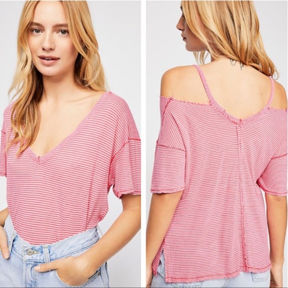 Free People Striped Cold Shoulder Tee - Picture 1 of 8